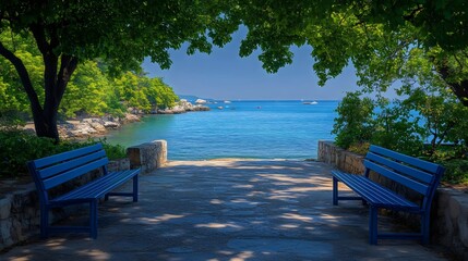 Obraz premium A blue bench is on a path next to a body of water