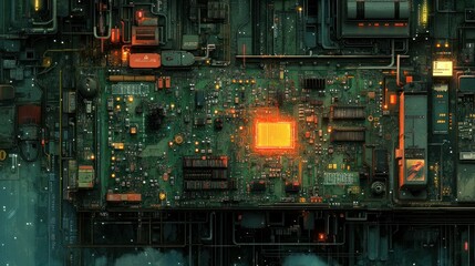 Fototapeta premium Glowing CPU on complex circuit board in dark tech environment, ideal for technology backgrounds