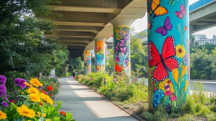 Vibrant overpass decorated with colorful flowers and butterflies leading to a school pathway