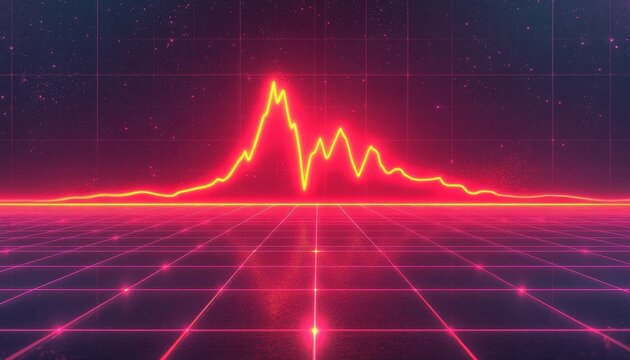 Vibrant Red Heart Rate Line or Soundwave on Retro Grid Background, Abstract Digital Art Illustration