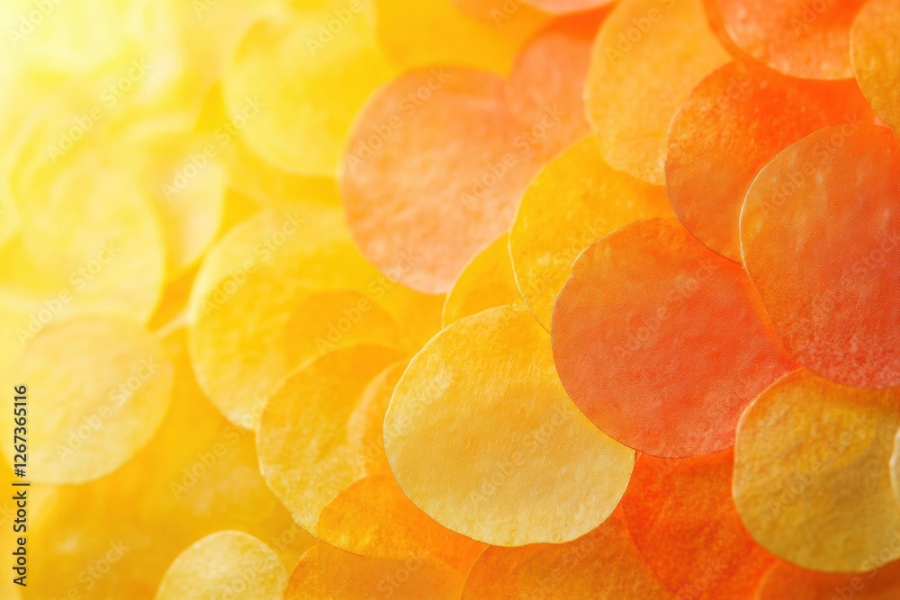 Poster Brightly colored circular shapes overlap to create an abstract design with shades of yellow and orange. Generative AI