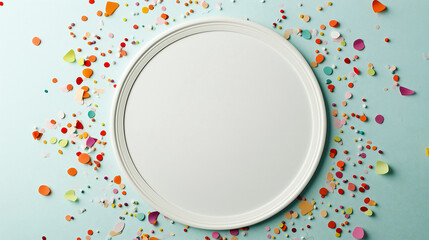 A vibrant display of confetti encircles a large white circle set against a light blue background, creating a joyful and festive atmosphere, perfect for celebration themes.