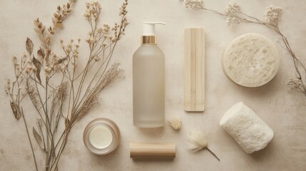 Flat lay of luxury spa skincare products in neutral tones