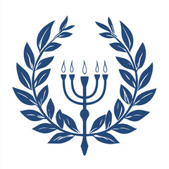 Fototapeta premium Blue menorah with laurel wreath emblem.