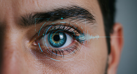 Futuristic Eye Scan: Biometric Technology, Vision of Tomorrow - Human Eye with Digital Interface, Data Analysis & Security Systems