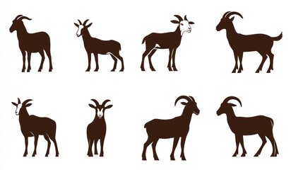 Set of goat silhouette images, isolated on white backdrop
