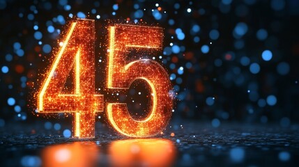 Glowing Number 45 Formed by Fiery Sparkles on Dark Blue Festive Background., Digital Art.