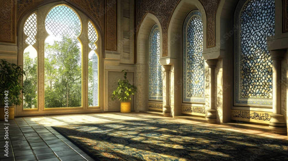 Aufkleber warm sunlight filters through intricately designed windows, illuminating a peaceful mosque interior 