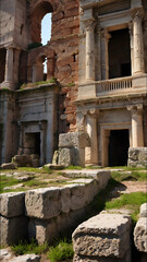 Fototapeta premium Ancient Roman Ruins: A captivating glimpse into the past, showcasing the weathered remnants of Roman architecture—stone walls, pillars, and arches—amidst overgrown grass.