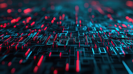Obraz premium A vivid abstract representation of a digital landscape, showcasing intricate lines and glowing patterns in red and blue hues.