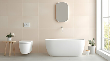 Fototapeta premium Minimalist modern bathroom interior featuring a white freestanding bathtub, wall-mounted toilet, and oval mirror under bright natural light.