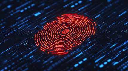 A glowing red fingerprint is centered against a backdrop of flowing binary code, symbolizing digital security and biometric authentication.