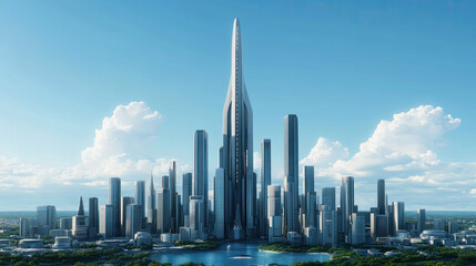 Fototapeta premium A futuristic skyline features a towering skyscraper, surrounded by modern buildings under a clear blue sky.