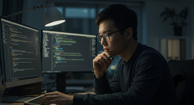 Coding Late: Focused Programmer, Screens & Code. Development, IT, Tech, Cybersecurity, Software, & Engineering in Dark Lighting