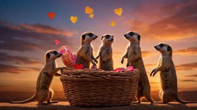 Five meerkats around a basket filled with hearts at sunset.