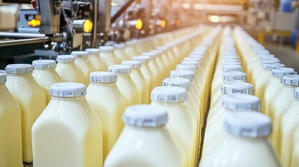 Fototapeta premium Dairy bottles on production line in a modern factory
