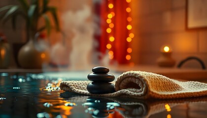 Serene spa sanctuary, Stones, towel, and calming ambiance for relaxation