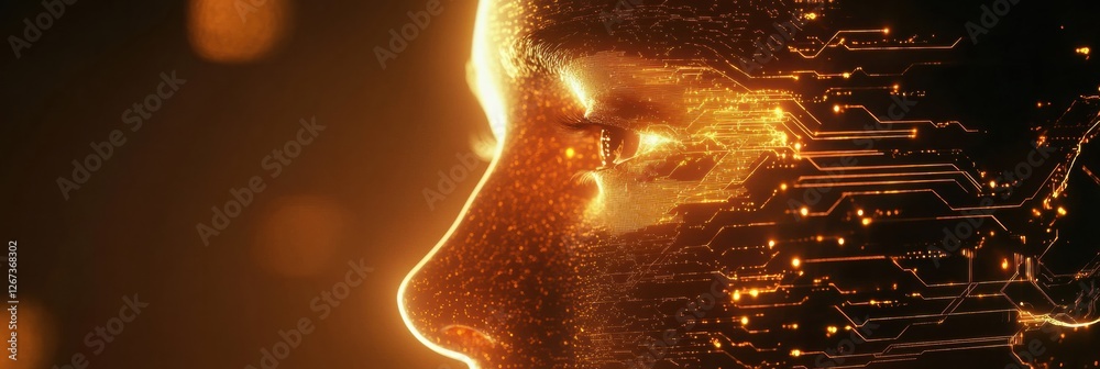 Poster Human face merges with glowing digital circuits creating a futuristic and ethereal effect showcasing technology and humanity. Generative AI