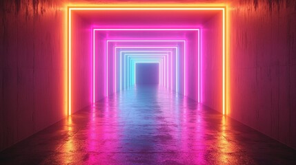 Vibrant Neon Lights Corridor Glowing Pink Orange and Blue Tubes Futuristic Retro Sci Fi Tunnel