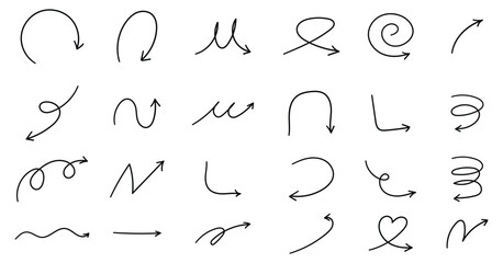Set of hand drawn arrows, quirky twist line, curve wave arrow