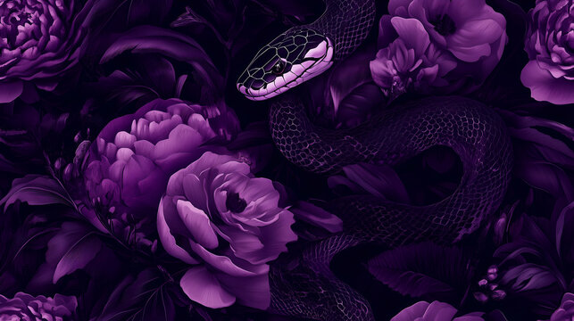 Dark botanical design with serpents and peonies, merging elegance and mystery in a sophisticated illustration
