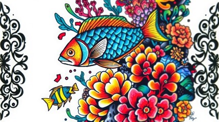 Colorful Fish and Floral Design in Vibrant Tattoo Art Style