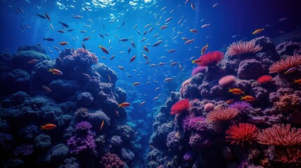 Fototapeta premium Vibrant Coral Reef Scene with Colorful Fish Swimming in Ocean Depths