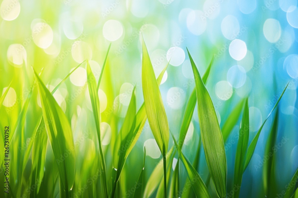 Fototapete Vibrant green grass swaying gently in sunlight with shimmering bokeh background creating a serene atmosphere. Generative AI