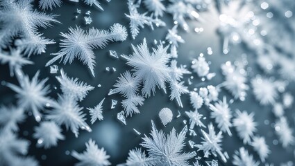 Delicate frost crystals form an intricate pattern on a surface, showcasing the beauty and complexity of winter particles in a cool blue environment
