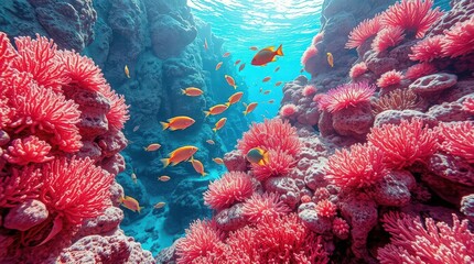 Obraz premium Vibrant Coral Reef with Colorful Fish Swimming Beneath Water Surface