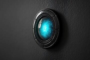 Futuristic round interface with glowing blue core mounted on a textured dark wall