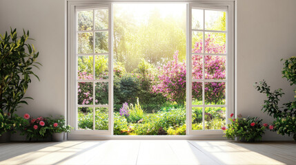 Fototapeta premium 3D Garden window house room design interior architecture ideas scenery nature landscape window decor wallpaper