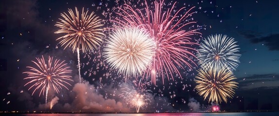 Fototapeta premium Colorful fireworks burst in vibrant patterns against a dark night sky, reflecting beautifully on the calm water below