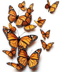 Colorful flying butterflies isolated on white background. Beautiful monarch butterflies. Butterflies print art.
