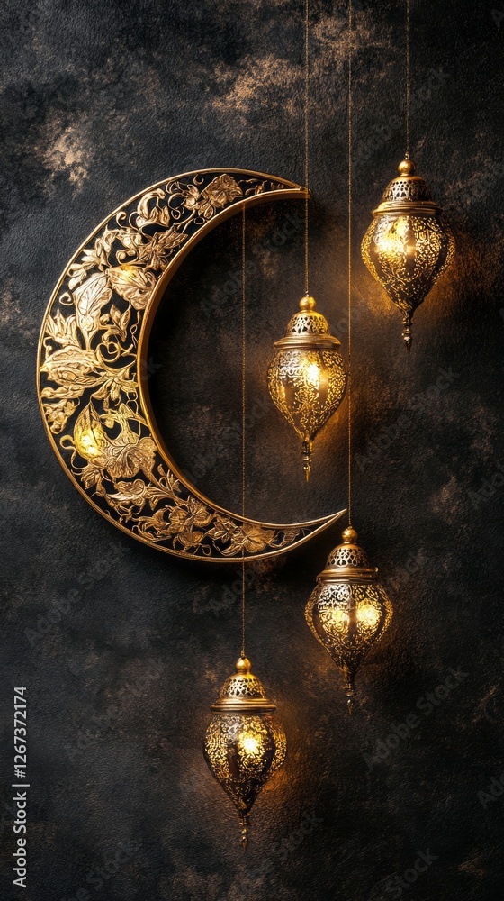 Poster delicate gold crescent moon adorned with intricate designs hangs gracefully against a dark backgroun