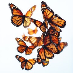 Colorful flying butterflies isolated on white background. Beautiful monarch butterflies. Butterflies print art.