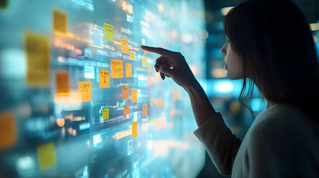 Businesswoman pointing at colorful sticky notes on an interactive whiteboard, strategizing and analyzing data in a modern office environment during nighttime hours