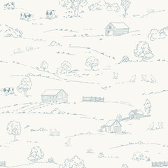 Vintage Landscape vector seamless pattern. Stock hand drawn Illustration. Toile de Jouy design featuring picturesque countryside views.