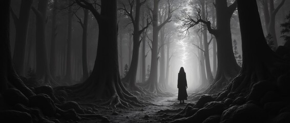 Akelarre in the Baobab Aurora Forest Black and white drawing. Dark style, fantasy art