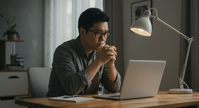 Focused Asian Man Working on Laptop: Deep Thinking, Problem Solving, Home Office Productivity, Remote Work Success & Learning Online - Powered by Adobe