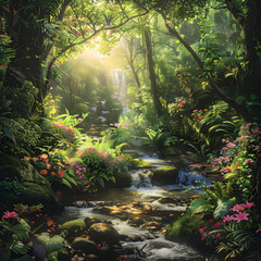 The Essence of Revival: Nature's Rebirth in a Lush Forest Wonderland with Blooming Flowers and Flowing Stream