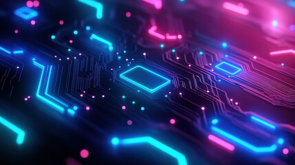 Glowing neon circuit board background, tech concept