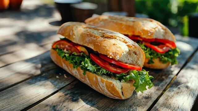 Two sandwiches with lettuce and fresh tomatoes on a wooden outdoor table, perfect for snack in nature
