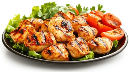 Fototapeta premium Grilled chicken breast, tomato, lettuce salad. Food photography for restaurant menu