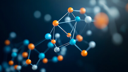 A close-up view of molecular structures with colorful atoms connected by bonds, representing scientific research and innovation.