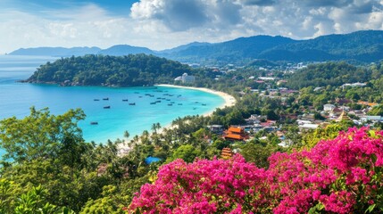 Obraz premium Tropical Island Paradise Beachscape Boats And Lush Greenery