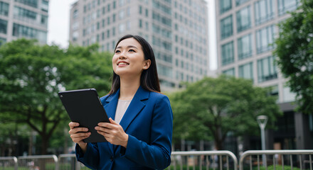 Fototapeta premium Confident Asian Businesswoman with Tablet | Modern City Professional, Career Success, Urban Life
