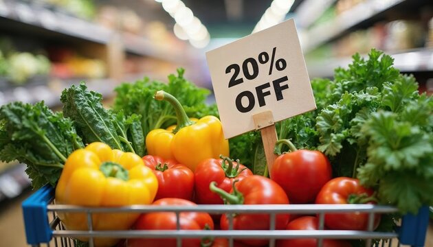 Fresh vegetables and fruits in a shopping cart with a discount sign in a grocery store aisle