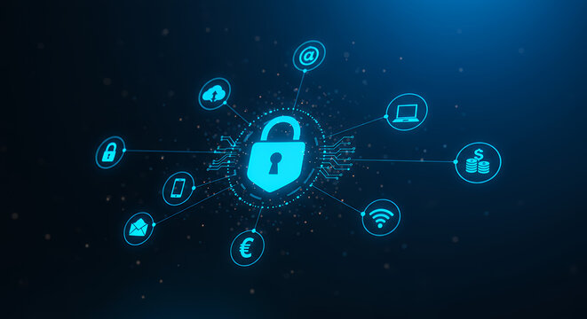 Cyber Security Protection: Secure Cloud Network, Data Privacy, & Digital Safety - Shield Against Cyber Threats with Lock & Icon Connectivity