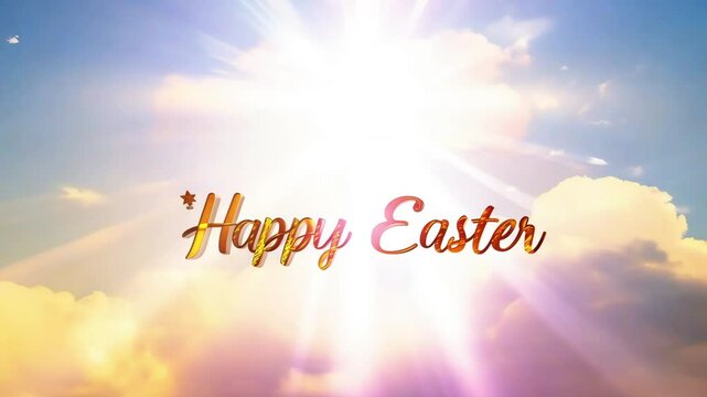 Happy Easter pop up text with bright sun and clouds background